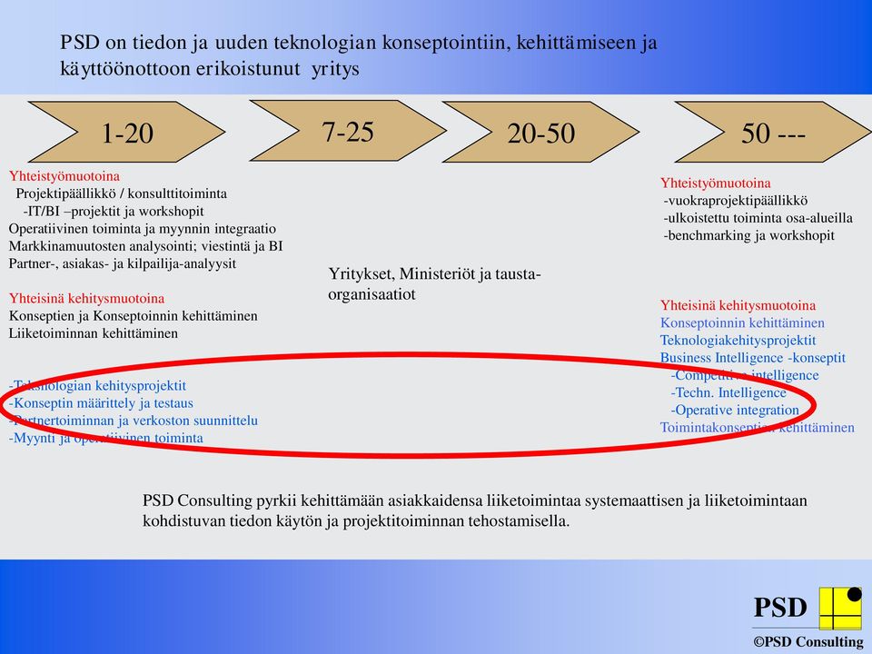 Konseptoinnin kehittäminen Liiketoiminnan kehittäminen -Teksnologian kehitysprojektit -Konseptin määrittely ja testaus -Partnertoiminnan ja verkoston suunnittelu -Myynti ja operatiivinen toiminta