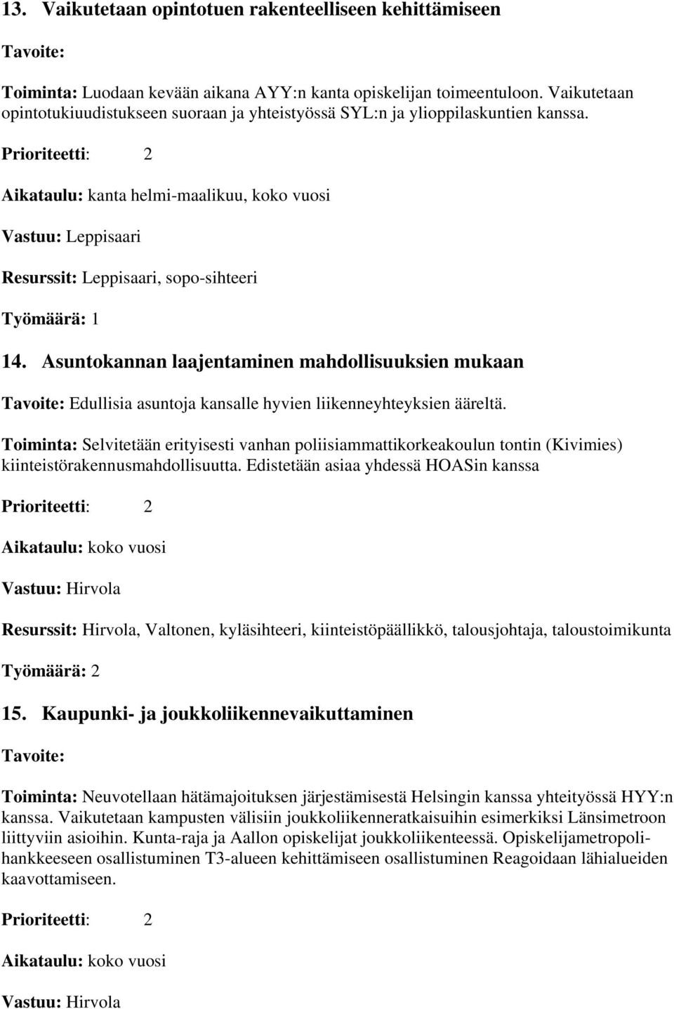 Asuntokannan laajentaminen mahdollisuuksien mukaan Edullisia asuntoja kansalle hyvien liikenneyhteyksien ääreltä.