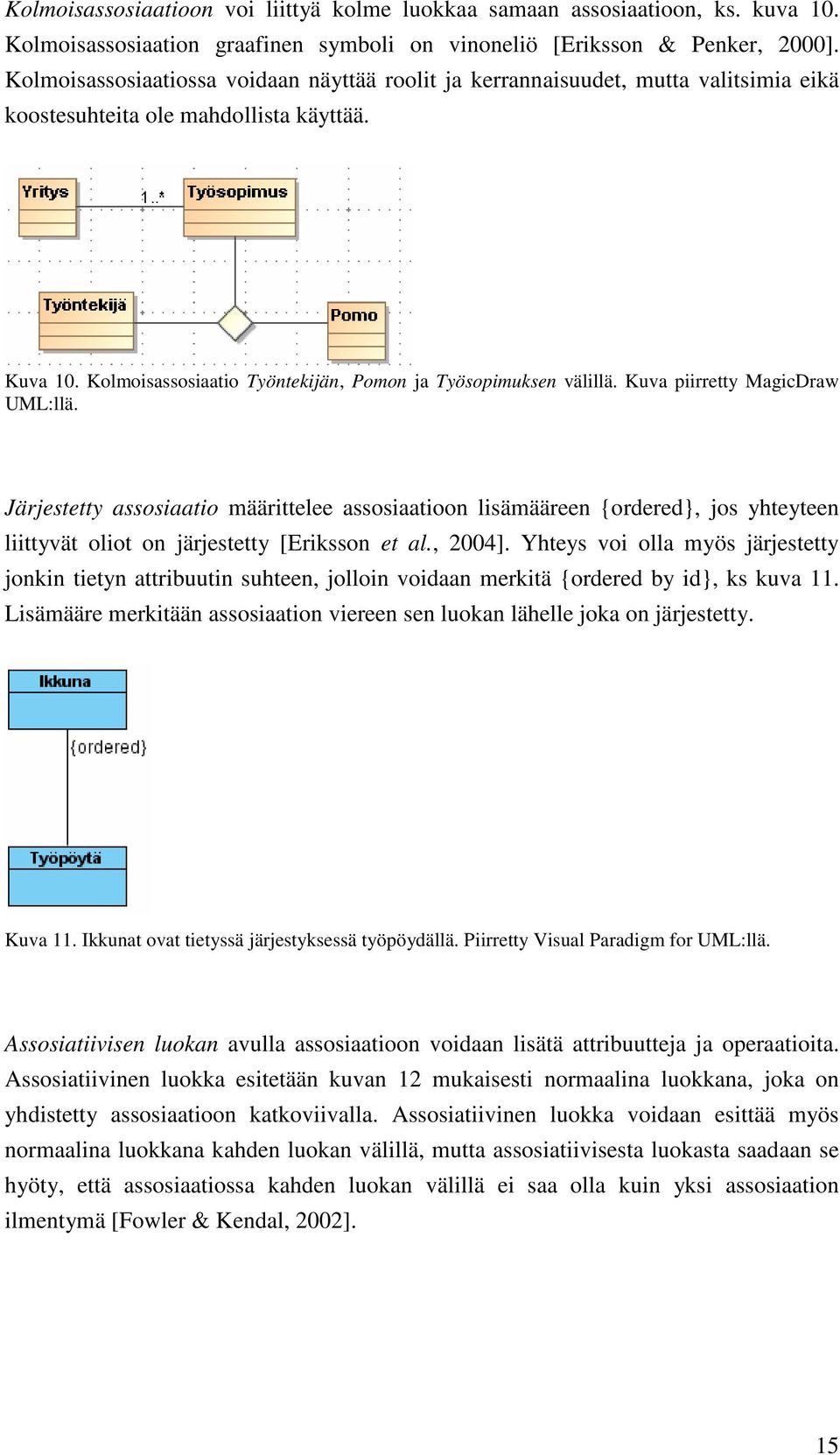 Kuva piirretty MagicDraw UML:llä. Järjestetty assosiaatio määrittelee assosiaatioon lisämääreen {ordered}, jos yhteyteen liittyvät oliot on järjestetty [Eriksson et al., 2004].