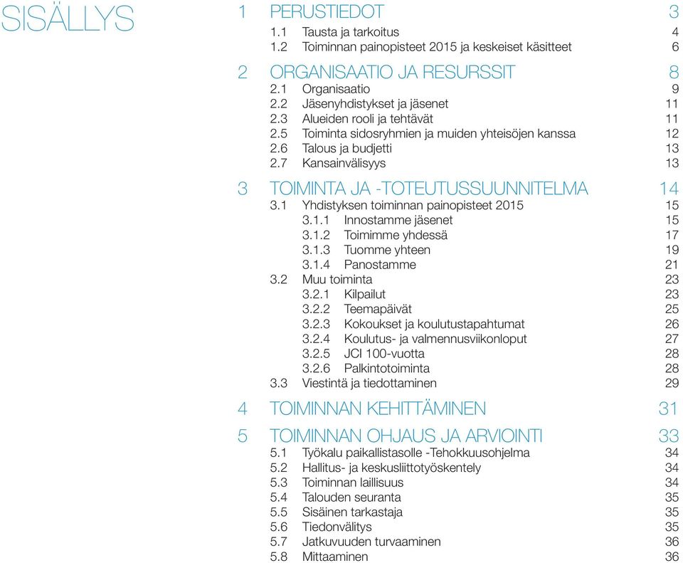 1 Yhdistyksen toiminnan painopisteet 2015 15 3.1.1 Innostamme jäsenet 15 3.1.2 Toimimme yhdessä 17 3.1.3 Tuomme yhteen 19 3.1.4 Panostamme 21 3.2 Muu toiminta 23 3.2.1 Kilpailut 23 3.2.2 Teemapäivät 25 3.