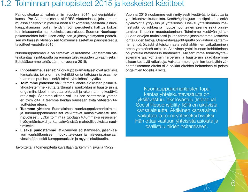 Suomen Nuorkauppakamareiden hallituksen esityksen ja jäsenyhdistysten päätöksen mukaisesti yhdistyksen toiminnalle asetettiin painopisteet ja tavoitteet vuodelle 2015.