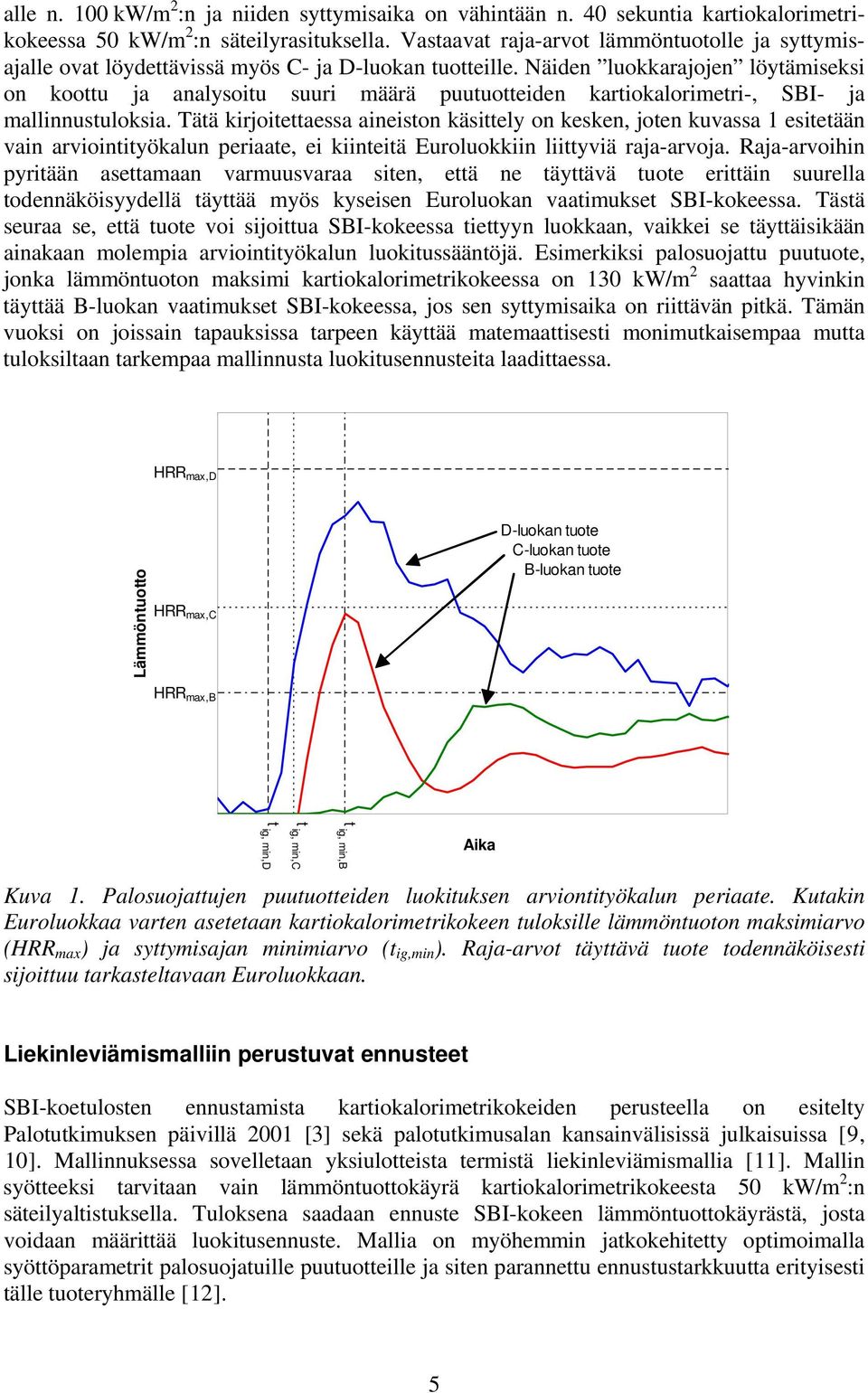 Näiden luokkarajojen löytämiseksi on koottu ja analysoitu suuri määrä puutuotteiden kartiokalorimetri-, SBI- ja mallinnustuloksia.