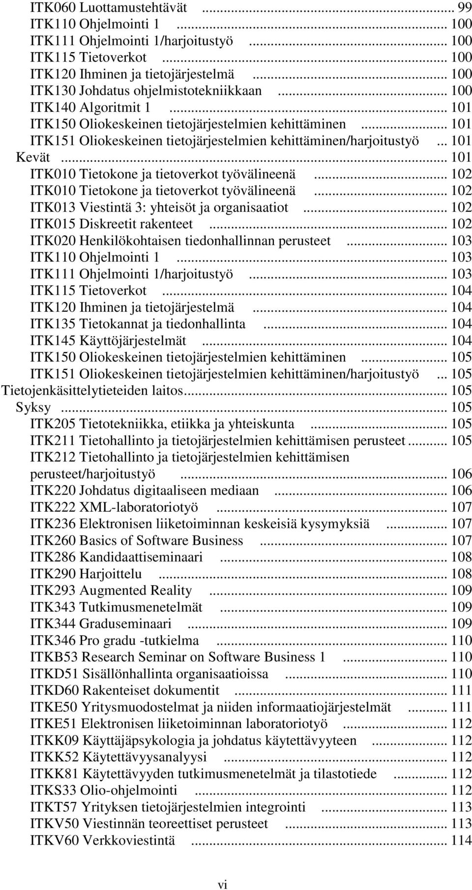 .. 101 ITK151 Oliokeskeinen tietojärjestelmien kehittäminen/harjoitustyö... 101 Kevät... 101 ITK010 Tietokone ja tietoverkot työvälineenä... 102 ITK010 Tietokone ja tietoverkot työvälineenä.