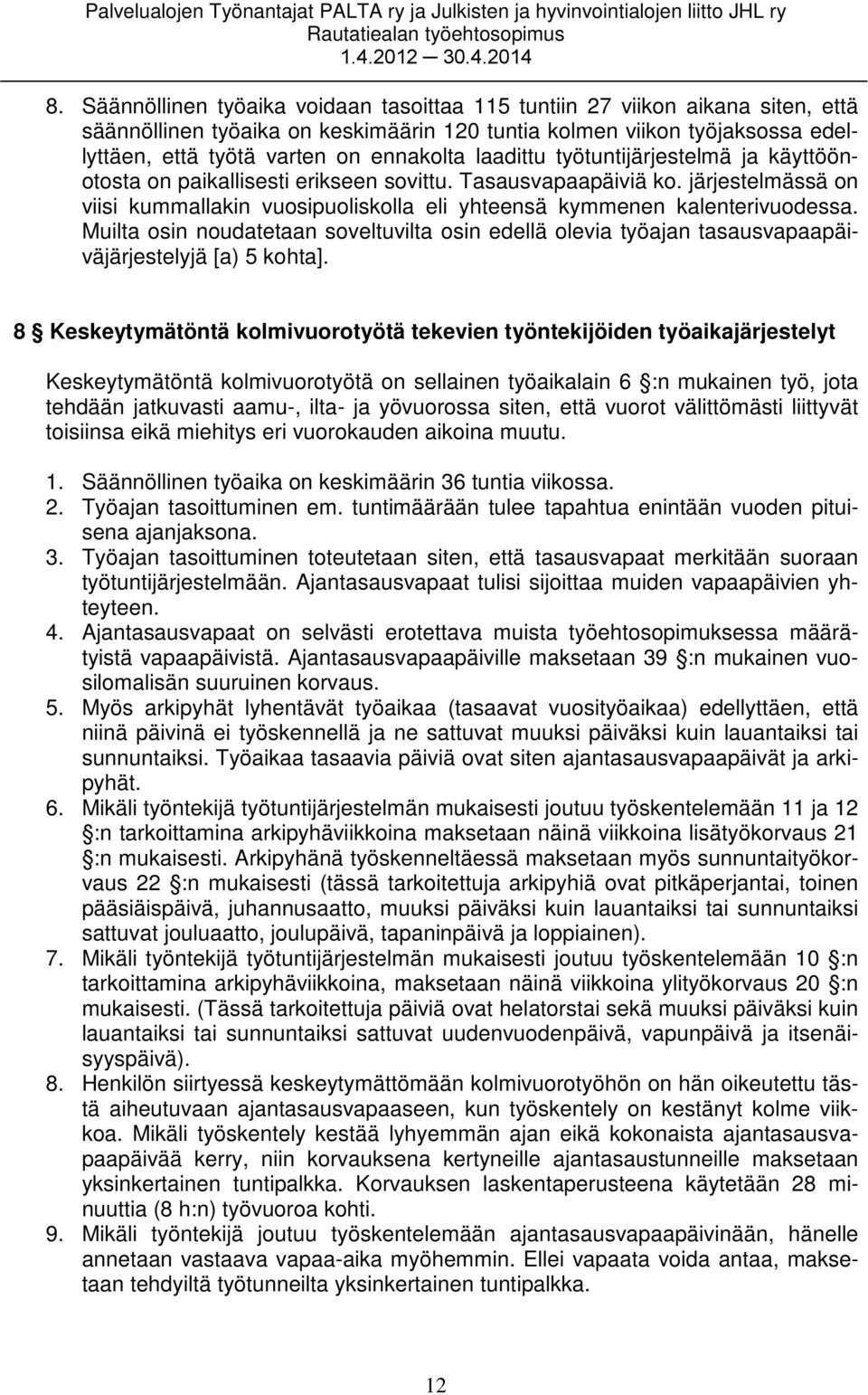 Muilta osin noudatetaan soveltuvilta osin edellä olevia työajan tasausvapaapäiväjärjestelyjä [a) 5 kohta].