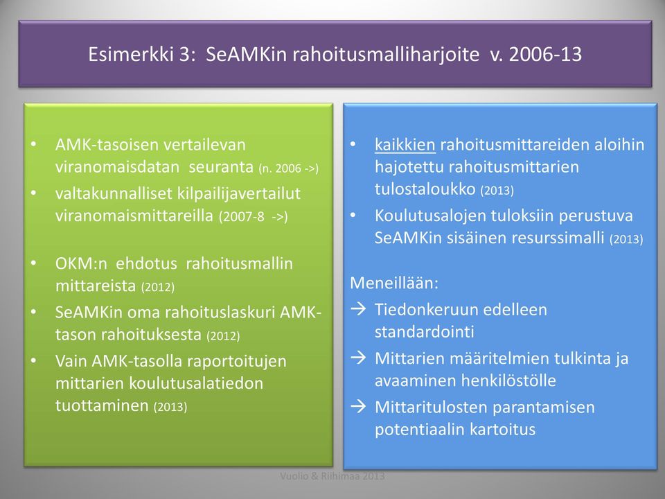 rahoituksesta (2012) Vain AMK-tasolla raportoitujen mittarien koulutusalatiedon tuottaminen (2013) kaikkien rahoitusmittareiden aloihin hajotettu rahoitusmittarien