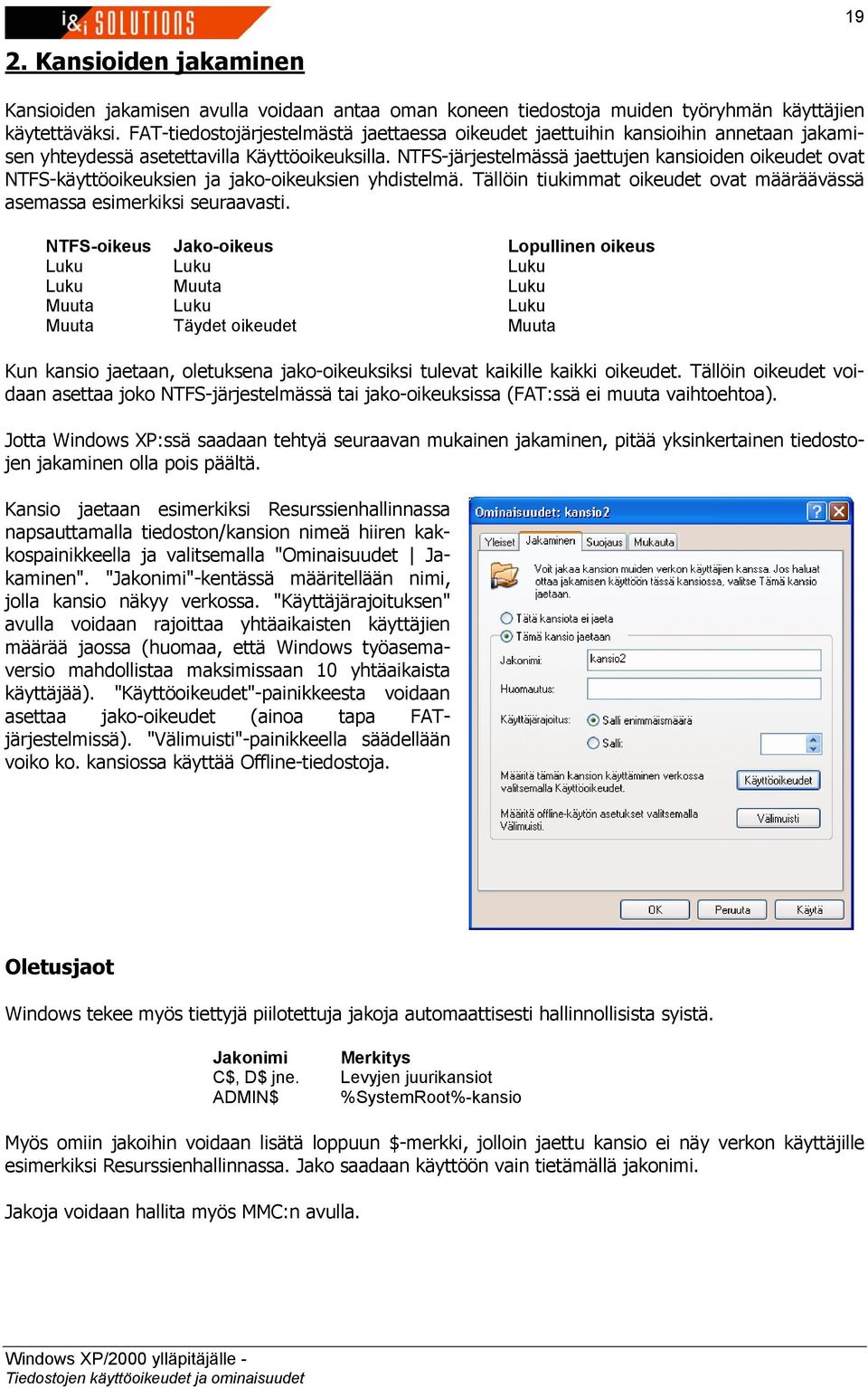 NTFS-järjestelmässä jaettujen kansioiden oikeudet ovat NTFS-käyttöoikeuksien ja jako-oikeuksien yhdistelmä. Tällöin tiukimmat oikeudet ovat määräävässä asemassa esimerkiksi seuraavasti.