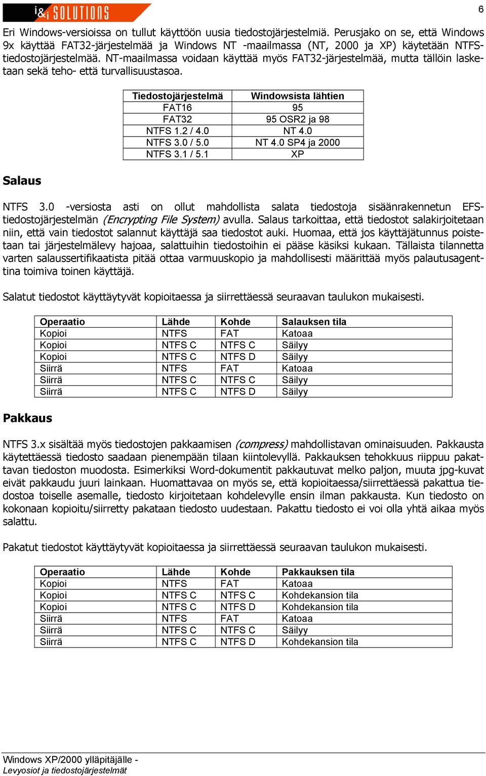 NT-maailmassa voidaan käyttää myös FAT32-järjestelmää, mutta tällöin lasketaan sekä teho- että turvallisuustasoa. Salaus Tiedostojärjestelmä Windowsista lähtien FAT16 95 FAT32 95 OSR2 ja 98 NTFS 1.