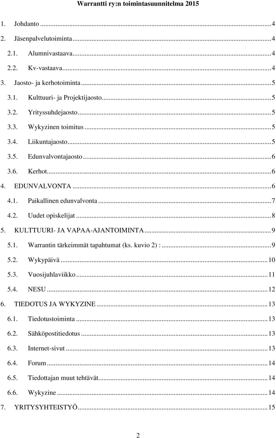 KULTTUURI- JA VAPAA-AJANTOIMINTA... 9 5.1. Warrantin tärkeimmät tapahtumat (ks. kuvio 2) :... 9 5.2. Wykypäivä... 10 5.3. Vuosijuhlaviikko... 11 5.4. NESU... 12 6. TIEDOTUS JA WYKYZINE.