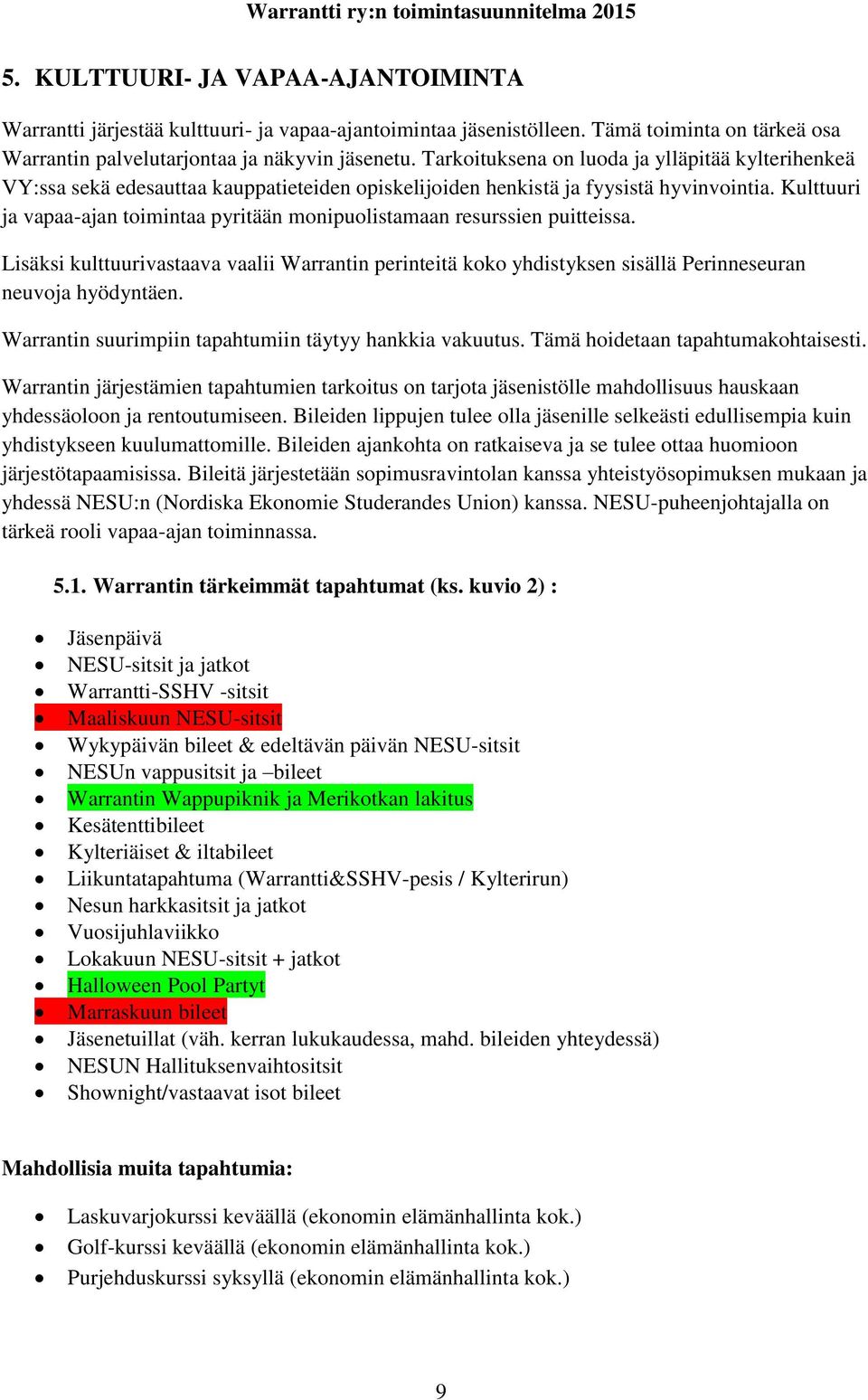 Kulttuuri ja vapaa-ajan toimintaa pyritään monipuolistamaan resurssien puitteissa. Lisäksi kulttuurivastaava vaalii Warrantin perinteitä koko yhdistyksen sisällä Perinneseuran neuvoja hyödyntäen.