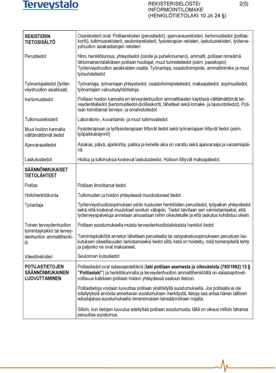 laskutusrekisteri, työterveyshuollon asiakastietojen rekisteri Nimi, henkilötunnus, yhteystiedot (osoite ja puhelinnumero), ammatti, potilaan nimeämä lähiomainen/alaikäisen potilaan huoltajat, muut