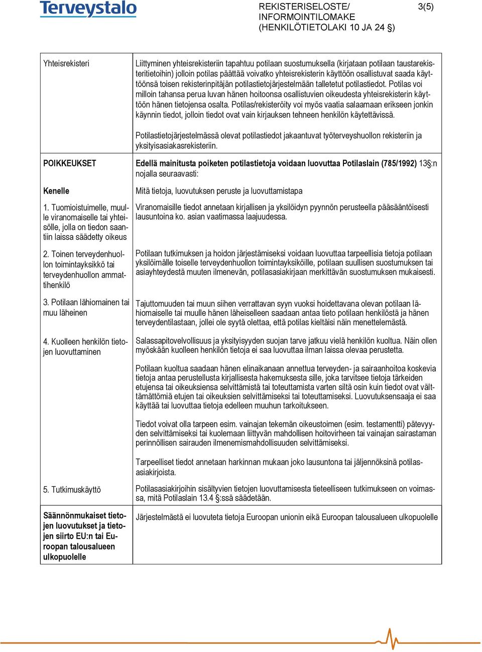 Potilas voi milloin tahansa perua luvan hänen hoitoonsa osallistuvien oikeudesta yhteisrekisterin käyttöön hänen tietojensa osalta.