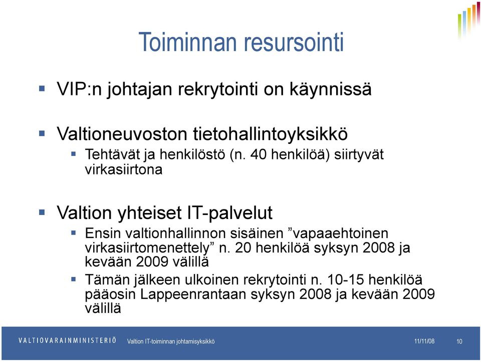 40 henkilöä) siirtyvät virkasiirtona Valtion yhteiset IT-palvelut Ensin valtionhallinnon sisäinen vapaaehtoinen