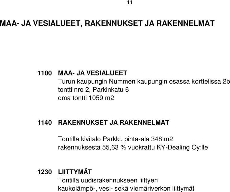 RAKENNELMAT Tontilla kivitalo Parkki, pinta-ala 348 m2 rakennuksesta 55,63 % vuokrattu KY-Dealing