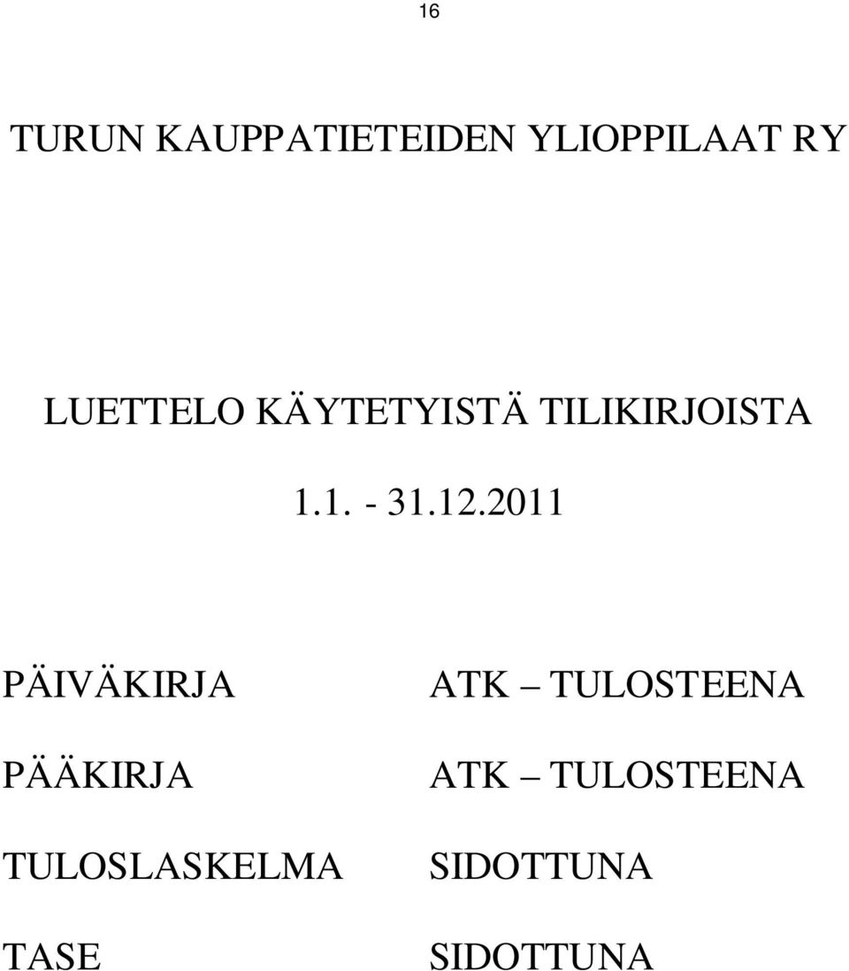 12.2011 PÄIVÄKIRJA PÄÄKIRJA TULOSLASKELMA