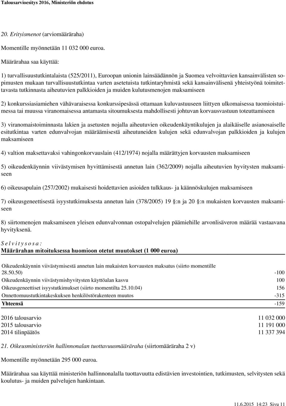 tutkintaryhmistä sekä kansainvälisenä yhteistyönä toimitettavasta tutkinnasta aiheutuvien palkkioiden ja muiden kulutusmenojen maksamiseen 2) konkurssiasiamiehen vähävaraisessa konkurssipesässä