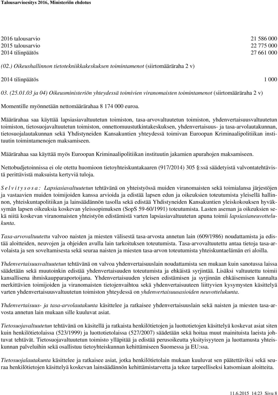 Määrärahaa saa käyttää lapsiasiavaltuutetun toimiston, tasa-arvovaltuutetun toimiston, yhdenvertaisuusvaltuutetun toimiston, tietosuojavaltuutetun toimiston, onnettomuustutkintakeskuksen,