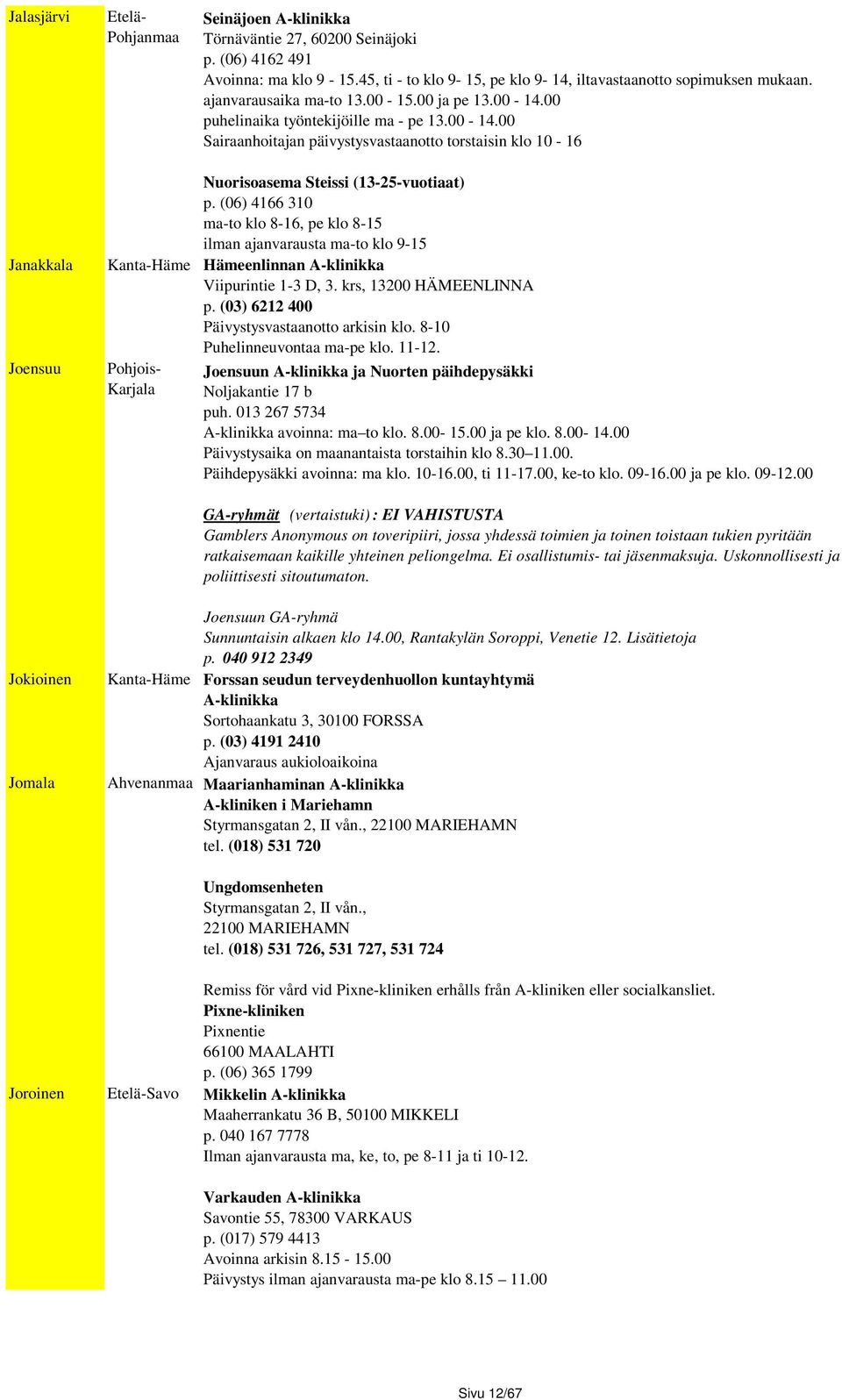 (06) 4166 310 ma-to klo 8-16, pe klo 8-15 ilman ajanvarausta ma-to klo 9-15 Janakkala Kanta-Häme Hämeenlinnan A-klinikka Viipurintie 1-3 D, 3. krs, 13200 HÄMEENLINNA p.