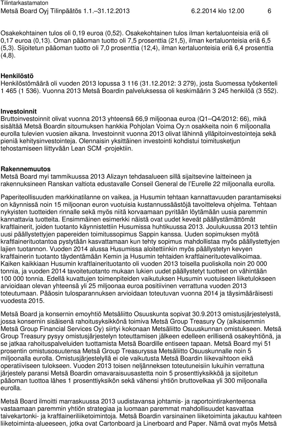 Henkilöstö Henkilöstömäärä oli vuoden 2013 lopussa 3 116 (31.12.2012: 3 279), josta Suomessa työskenteli 1 465 (1 536). Vuonna 2013 Metsä Boardin palveluksessa oli keskimäärin 3 245 henkilöä (3 552).