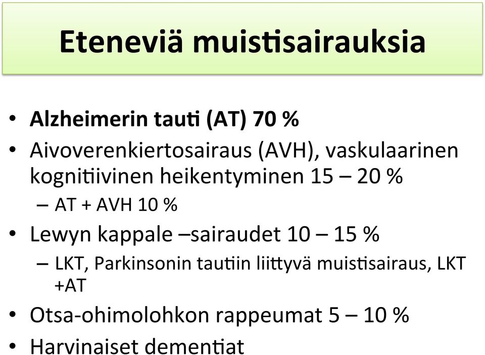 15 20 % AT + AVH 10 % Lewyn kappale sairaudet 10 15 % LKT, Parkinsonin