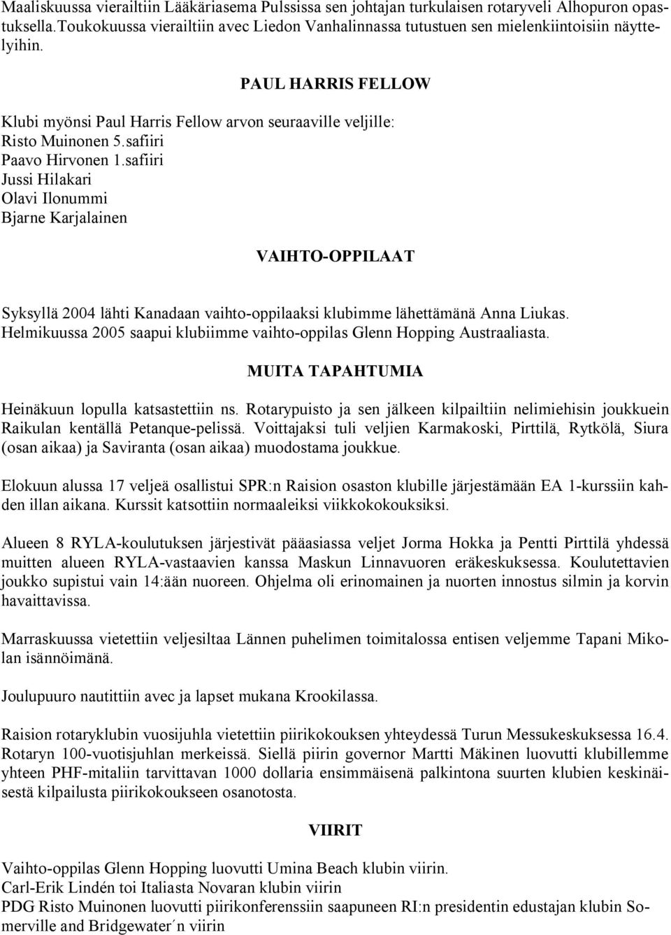 safiiri Paavo Hirvonen 1.safiiri Jussi Hilakari Olavi Ilonummi Bjarne Karjalainen VAIHTO OPPILAAT Syksyllä 2004 lähti Kanadaan vaihto oppilaaksi klubimme lähettämänä Anna Liukas.