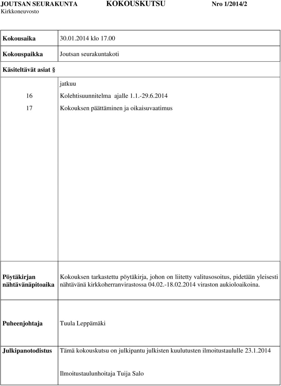 Kolehtisuunnitelma ajalle 1.1.-29.6.