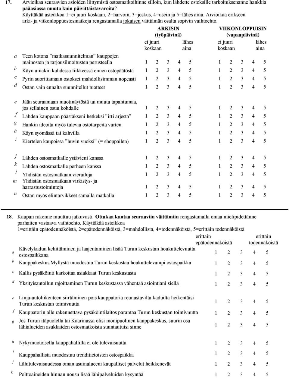 uur osn ARKISIN (työpävnä) lähs n VIIKONLOPPUISIN (vppävnä) uur lähs osn n Tn oton mtsuunntlmn uppon mnostn trouslmotustn prustll 1 2 3 4 5 1 2 3 4 5 Käyn nn hss lssä nnn ostopäätöstä 1 2 3 4 5 1 2 3