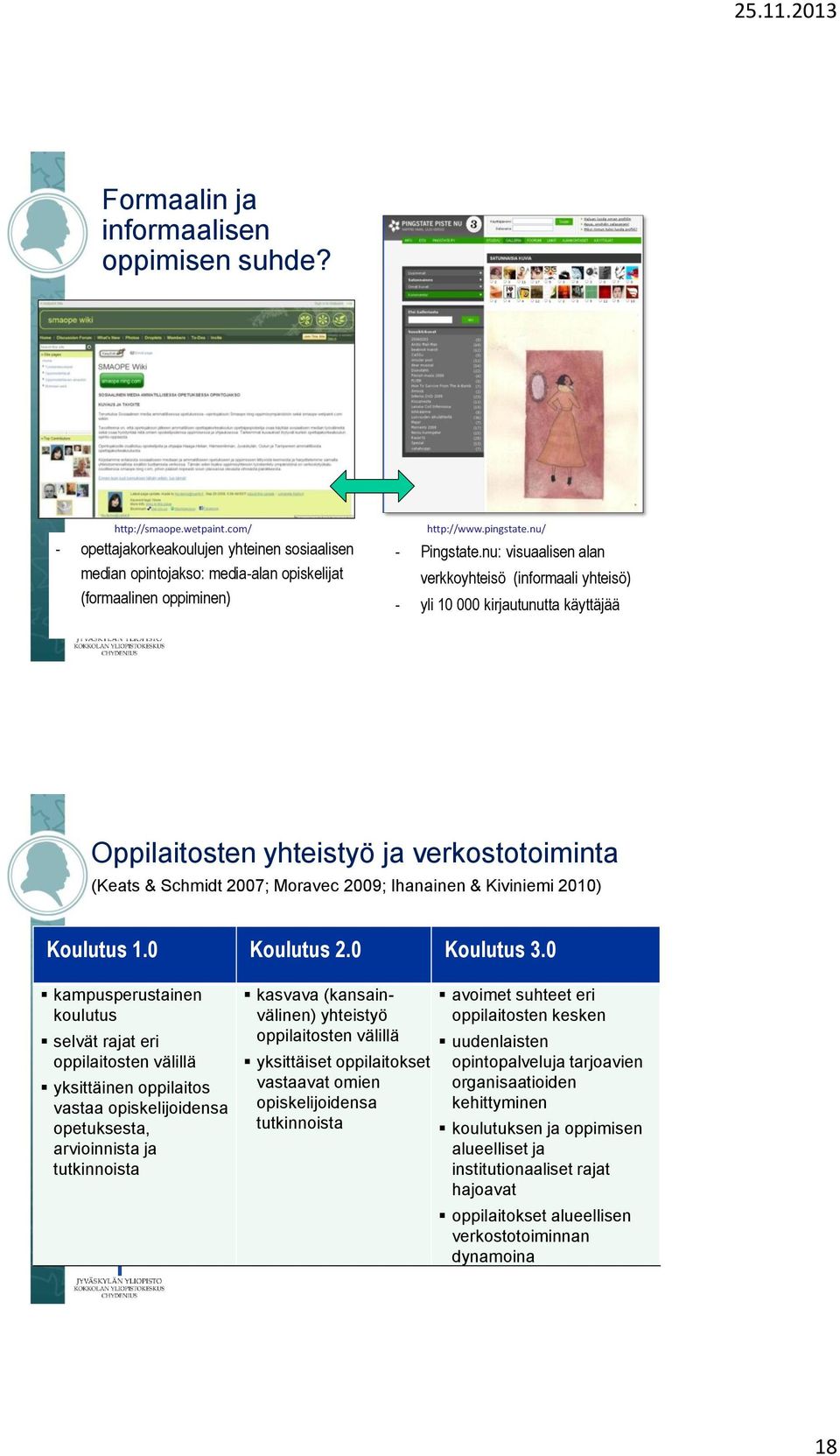 nu: visuaalisen alan verkkoyhteisö (informaali yhteisö) - yli 10 000 kirjautunutta käyttäjää Oppilaitosten yhteistyö ja verkostotoiminta (Keats & Schmidt 2007; Moravec 2009; Ihanainen & Kiviniemi