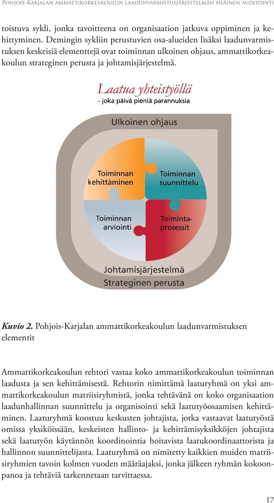 Pohjois-Karjalan ammattikorkeakoulun laadunvarmistuksen elementit Ammattikorkeakoulun rehtori vastaa koko ammattikorkeakoulun toiminnan laadusta ja sen kehittämisestä.