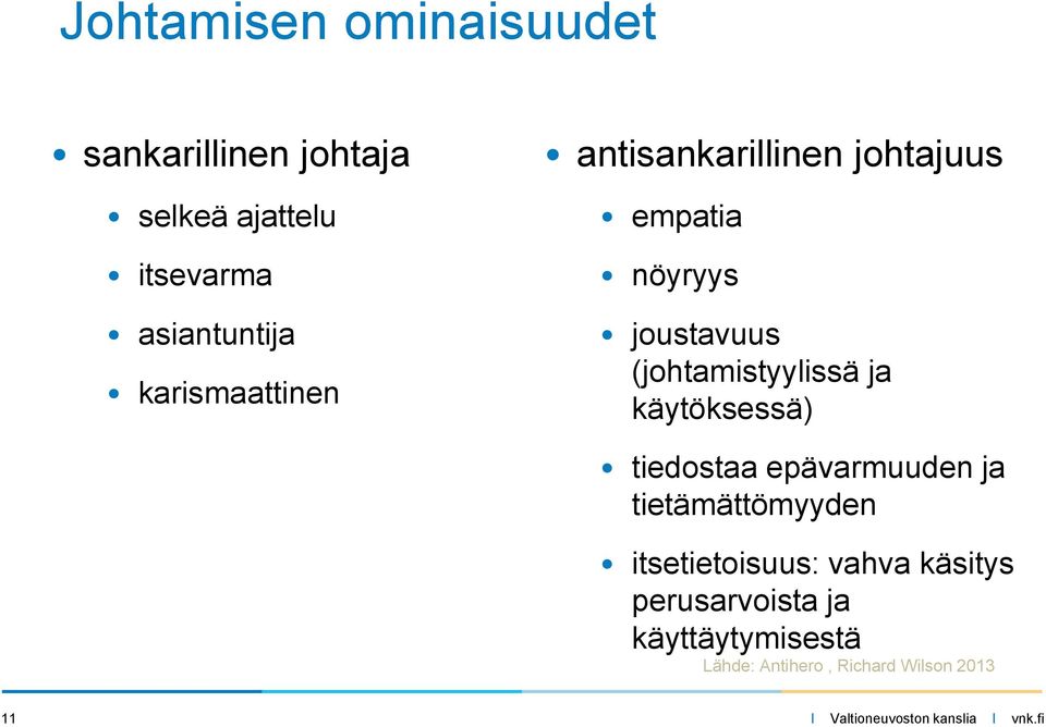 (johtamistyylissä ja käytöksessä) tiedostaa epävarmuuden ja tietämättömyyden