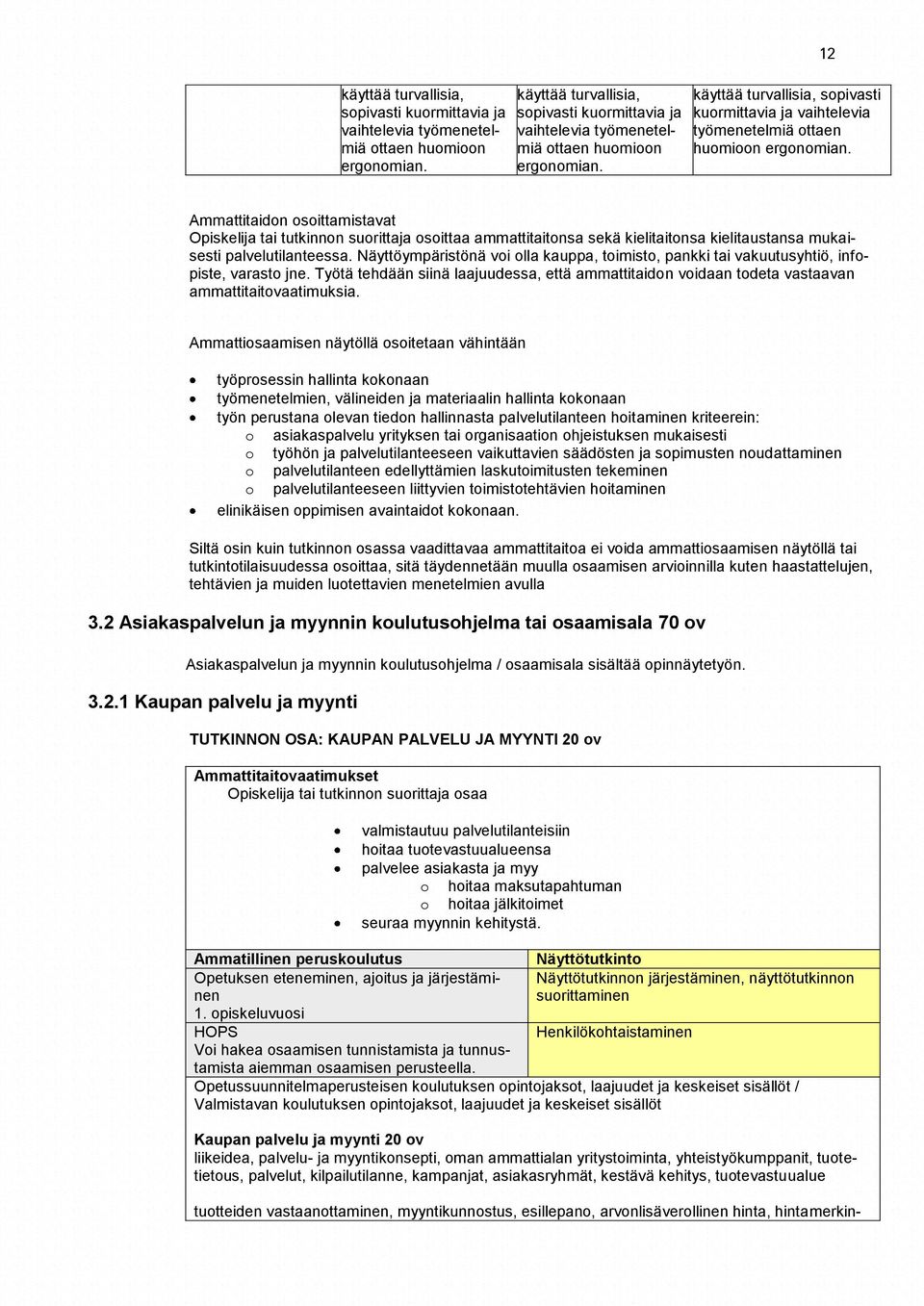 Näyttöympäristönä voi olla kauppa, toimisto, pankki tai vakuutusyhtiö, infopiste, varasto jne. Työtä tehdään siinä laajuudessa, että ammattitaidon voidaan todeta vastaavan ammattitaitovaatimuksia.