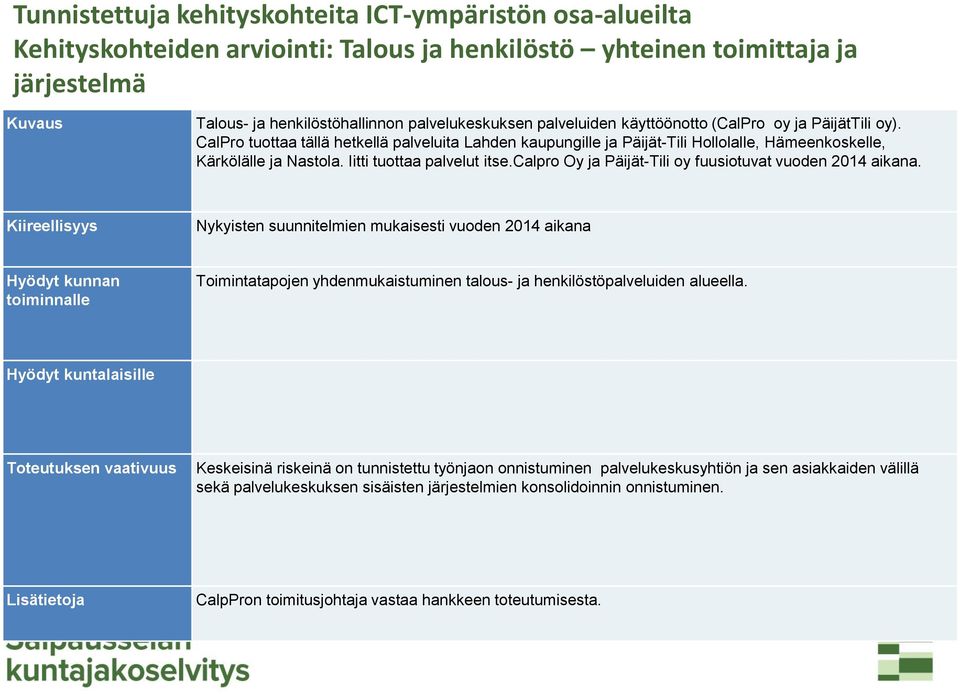 Iitti tuottaa palvelut itse.calpro Oy ja Päijät-Tili oy fuusiotuvat vuoden 2014 aikana.