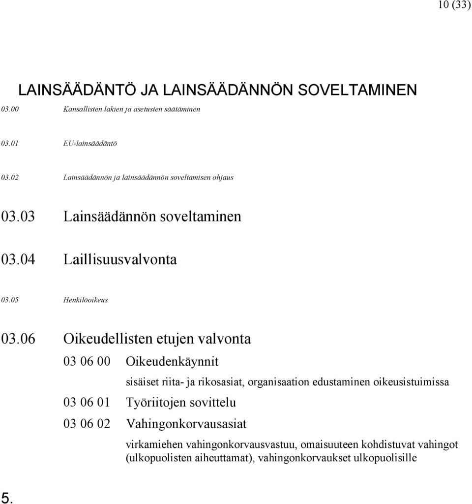 06 Oikeudellisten etujen valvonta 03 06 00 Oikeudenkäynnit sisäiset riita- ja rikosasiat, organisaation edustaminen oikeusistuimissa 03 06 01