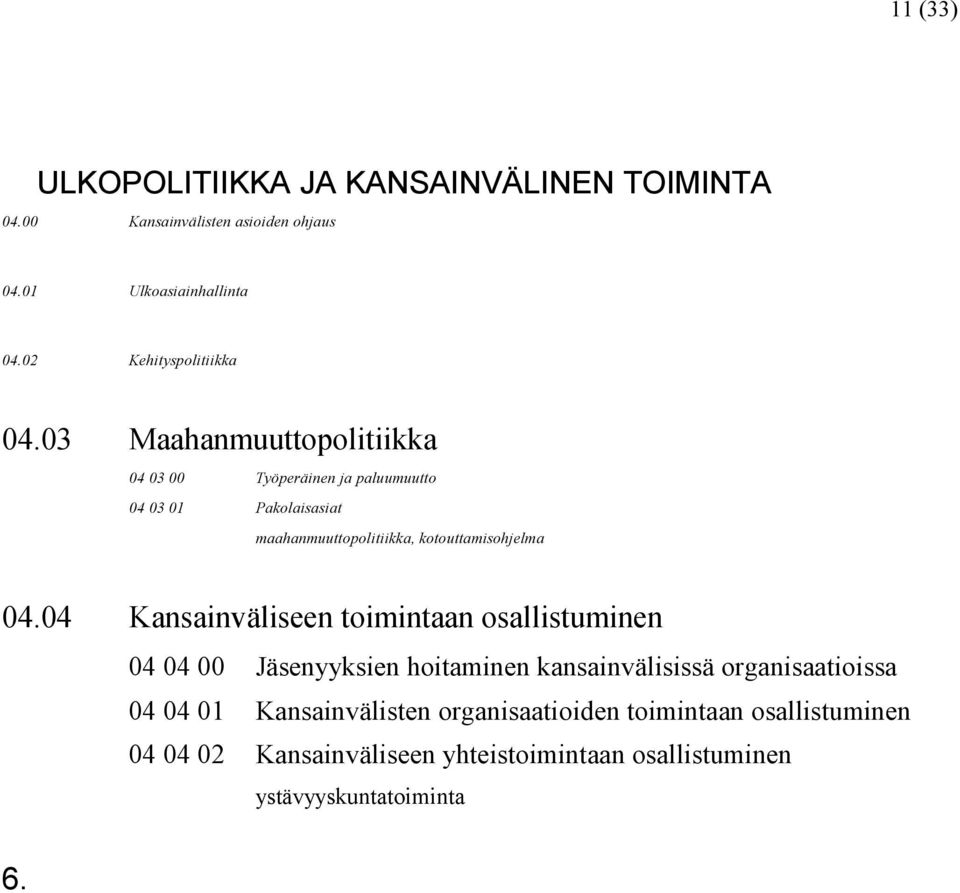 03 Maahanmuuttopolitiikka 04 03 00 Työperäinen ja paluumuutto 04 03 01 Pakolaisasiat maahanmuuttopolitiikka, kotouttamisohjelma 04.