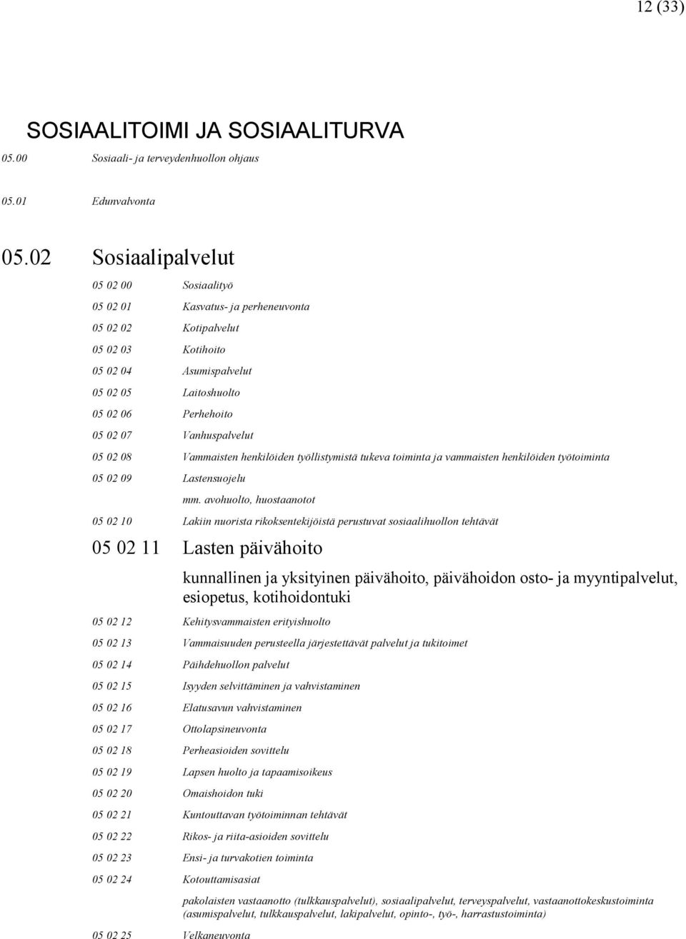 Vanhuspalvelut 05 02 08 Vammaisten henkilöiden työllistymistä tukeva toiminta ja vammaisten henkilöiden työtoiminta 05 02 09 Lastensuojelu mm.