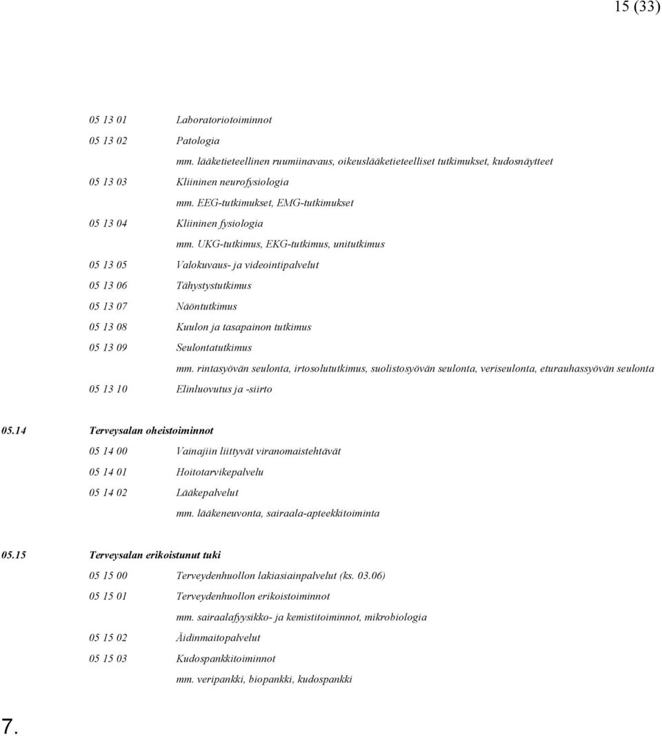 UKG-tutkimus, EKG-tutkimus, unitutkimus 05 13 05 Valokuvaus- ja videointipalvelut 05 13 06 Tähystystutkimus 05 13 07 Näöntutkimus 05 13 08 Kuulon ja tasapainon tutkimus 05 13 09 Seulontatutkimus mm.