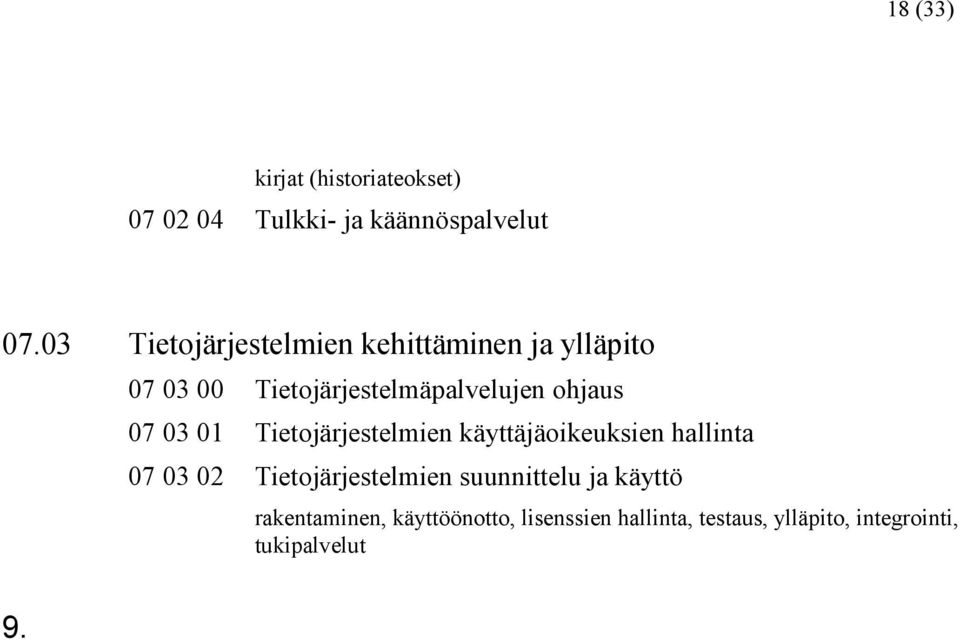 07 03 01 Tietojärjestelmien käyttäjäoikeuksien hallinta 07 03 02 Tietojärjestelmien