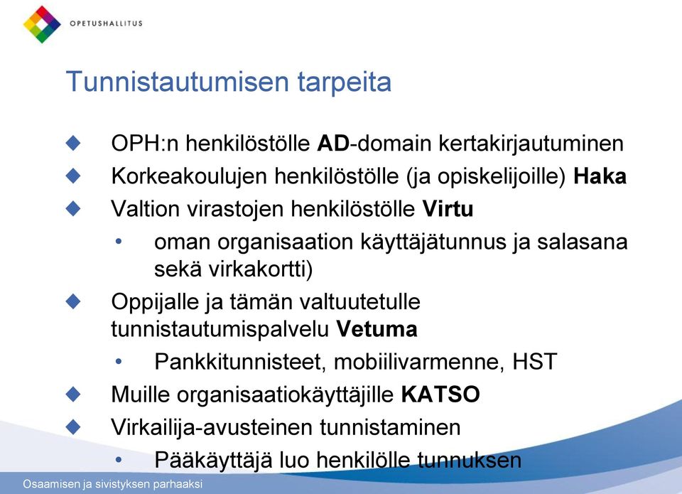 virkakortti) Oppijalle ja tämän valtuutetulle tunnistautumispalvelu Vetuma Pankkitunnisteet, mobiilivarmenne,