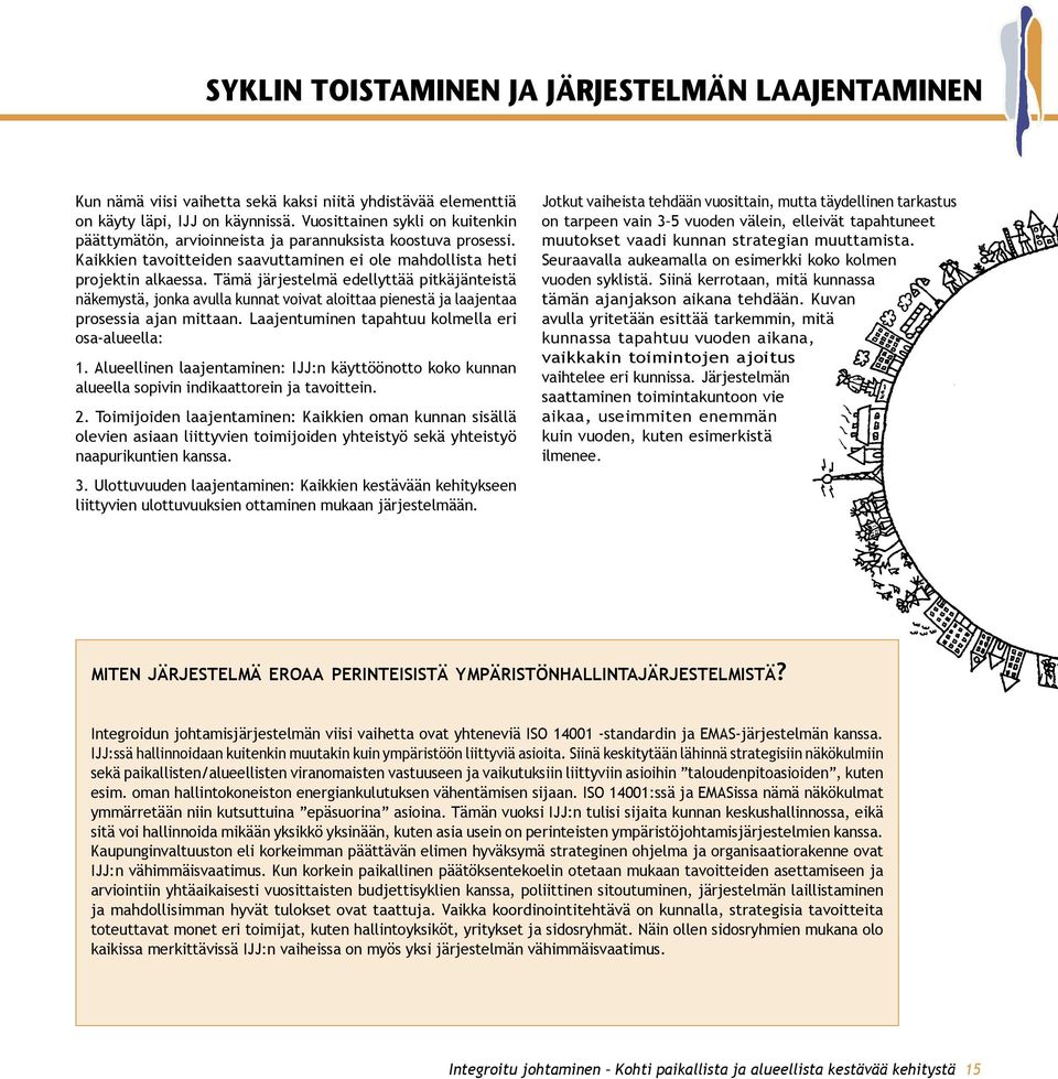 Tämä järjestelmä edellyttää pitkäjänteistä näkemystä, jonka avulla kunnat voivat aloittaa pienestä ja laajentaa prosessia ajan mittaan. Laajentuminen tapahtuu kolmella eri osa-alueella: 1.