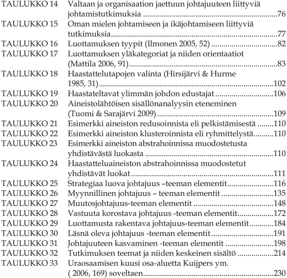 .. 83 TAULUKKO 18 Haastattelutapojen valinta (Hirsijärvi & Hurme 1985, 31)... 102 TAULUKKO 19 Haastateltavat ylimmän johdon edustajat.