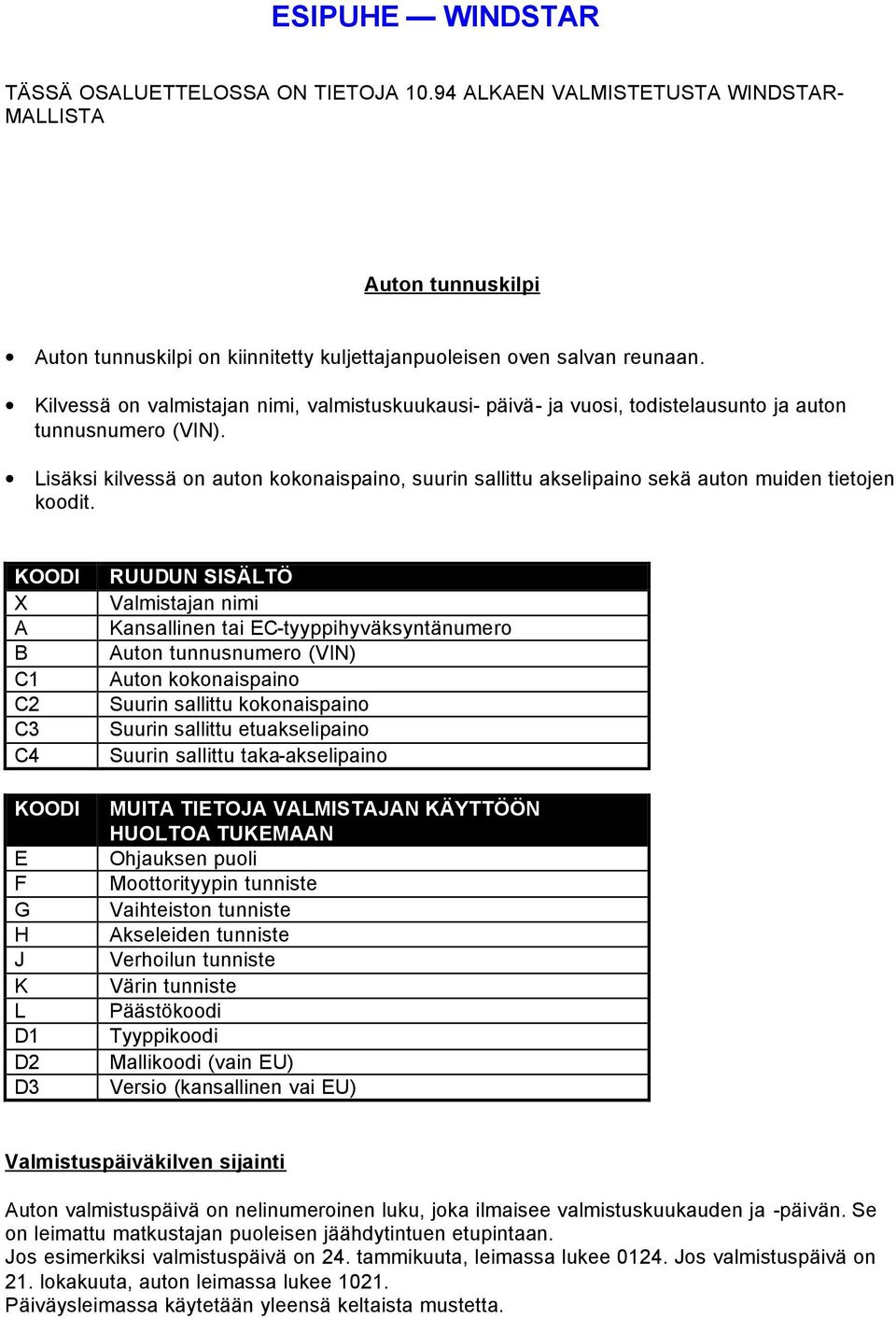 Lisäksi kilvessä on auton kokonaispaino, suurin sallittu akselipaino sekä auton muiden tietojen koodit.