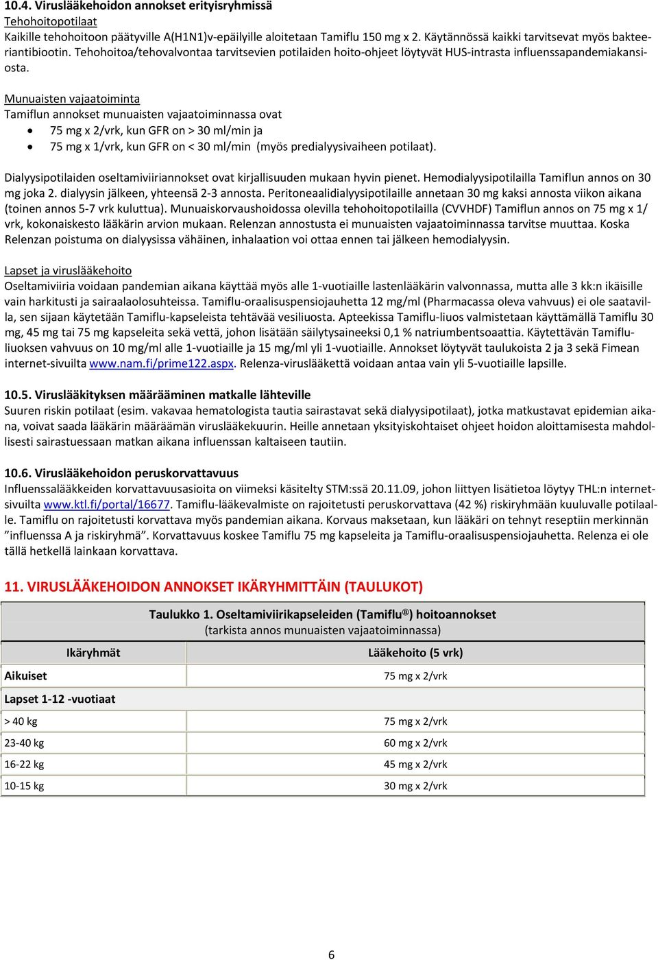 Munuaisten vajaatoiminta Tamiflun annokset munuaisten vajaatoiminnassa ovat 75 mg x 2/vrk, kun GFR on > 30 ml/min ja 75 mg x 1/vrk, kun GFR on < 30 ml/min (myös predialyysivaiheen potilaat).
