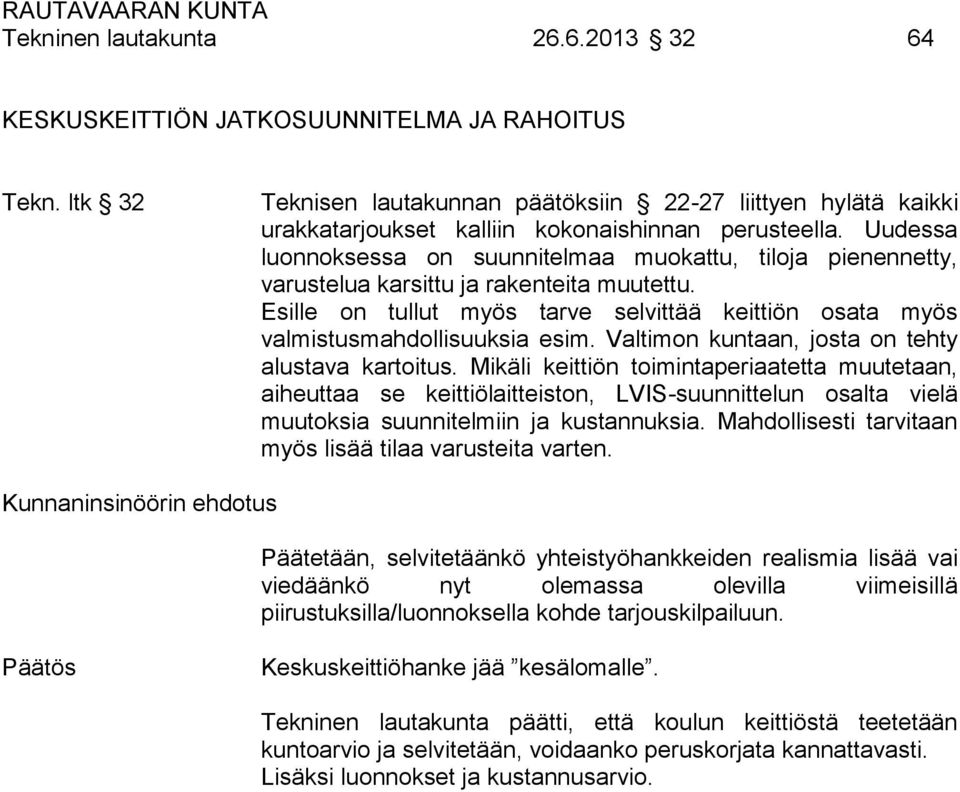 Uudessa luonnoksessa on suunnitelmaa muokattu, tiloja pienennetty, varustelua karsittu ja rakenteita muutettu. Esille on tullut myös tarve selvittää keittiön osata myös valmistusmahdollisuuksia esim.