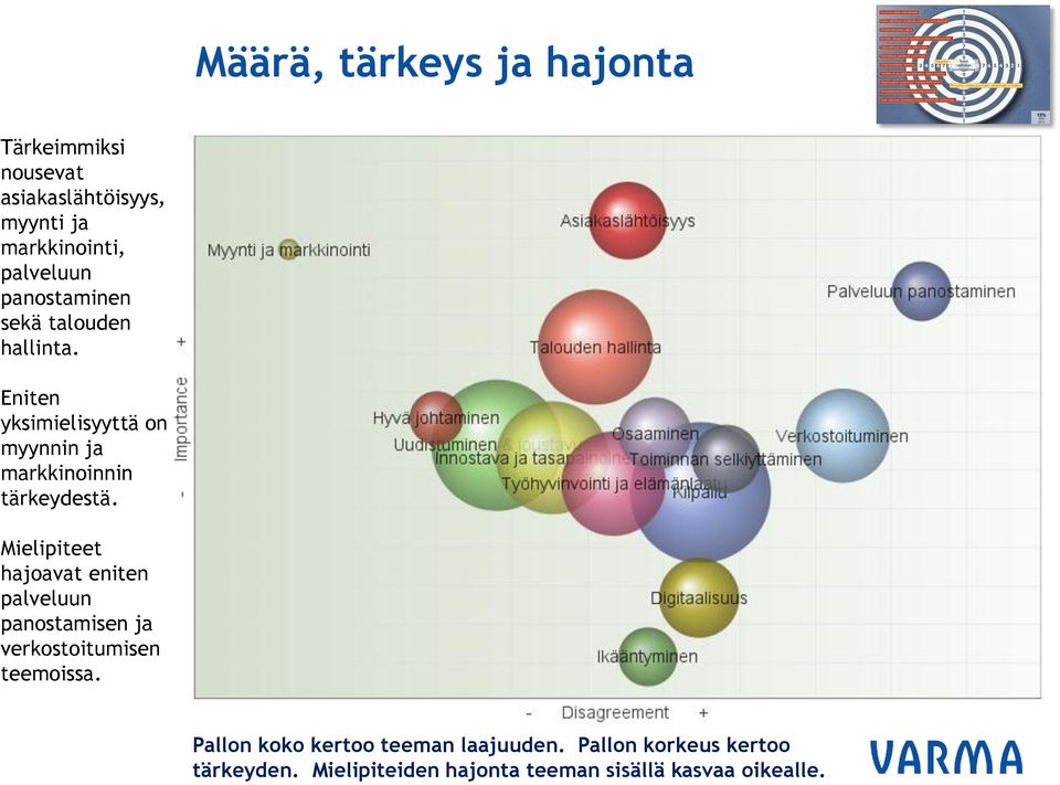 Mielipiteet hajoavat eniten palveluun panostamisen ja verkostoitumisen teemoissa.