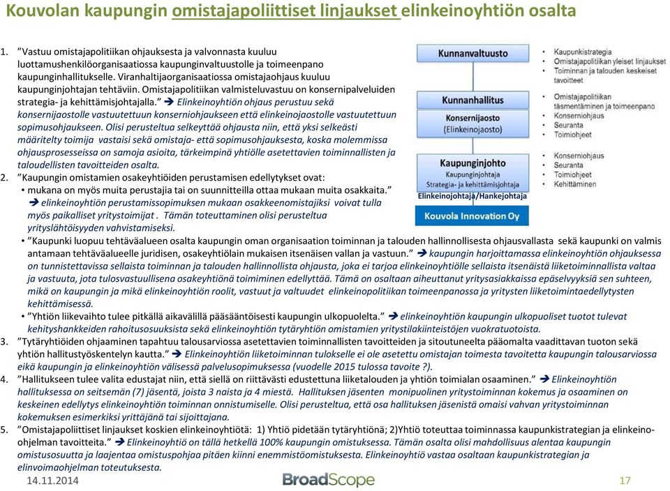 Viranhaltijaorganisaatiossa omistajaohjaus kuuluu kaupunginjohtajan tehtäviin. Omistajapolitiikan valmisteluvastuu on konsernipalveluiden strategia- ja kehittämisjohtajalla.