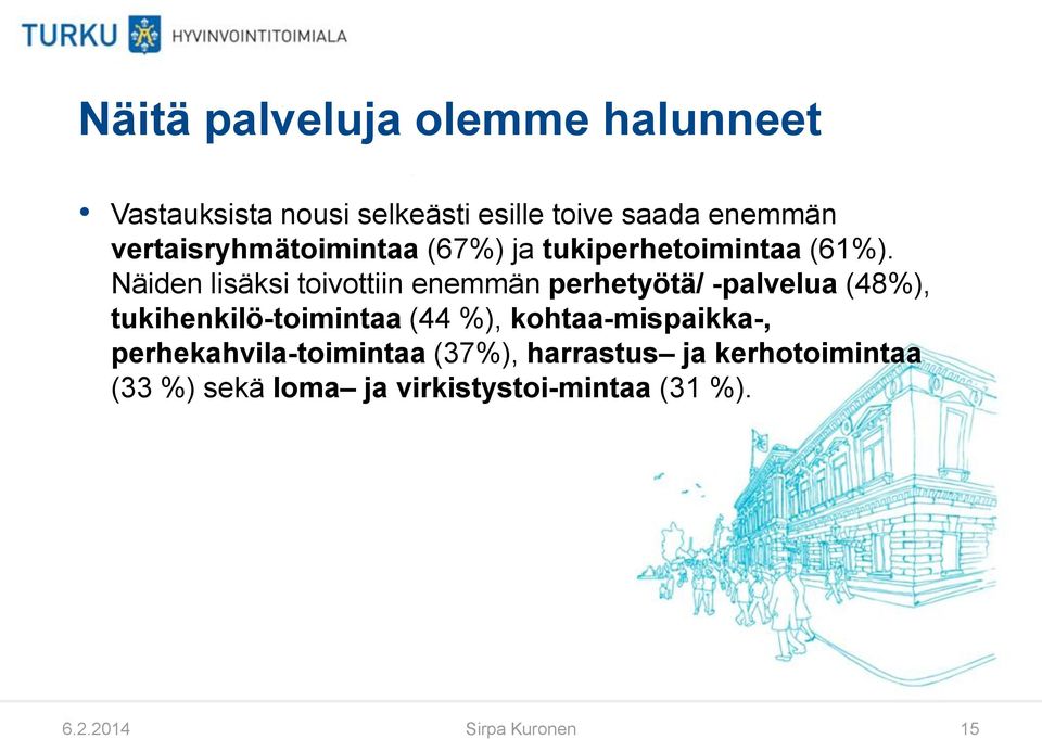 Näiden lisäksi toivottiin enemmän perhetyötä/ -palvelua (48%), tukihenkilö-toimintaa (44 %),