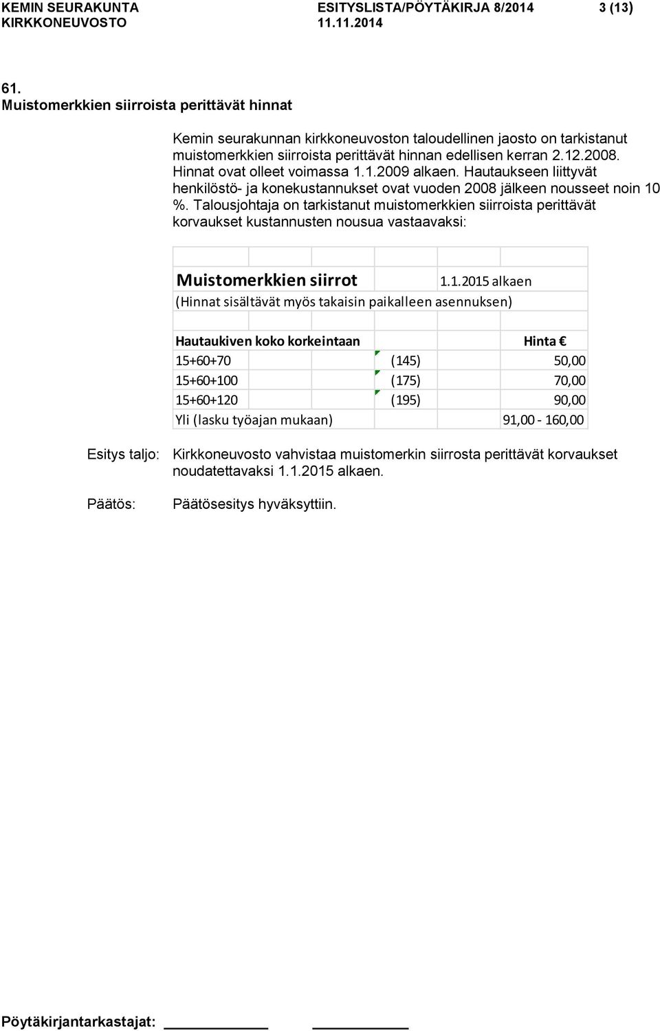 Hinnat ovat olleet voimassa 1.1.2009 alkaen. Hautaukseen liittyvät henkilöstö- ja konekustannukset ovat vuoden 2008 jälkeen nousseet noin 10 %.