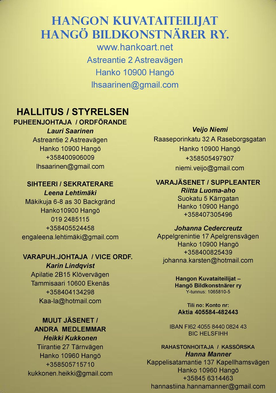 com SIHTEERI / SEKRATERARE Leena Lehtimäki Mäkikuja 6-8 as 30 Backgränd Hanko10900 Hangö 019 2485115 +358405524458 engaleena.lehtimäki@gmail.com VARAPUH.JOHTAJA / VICE ORDF.