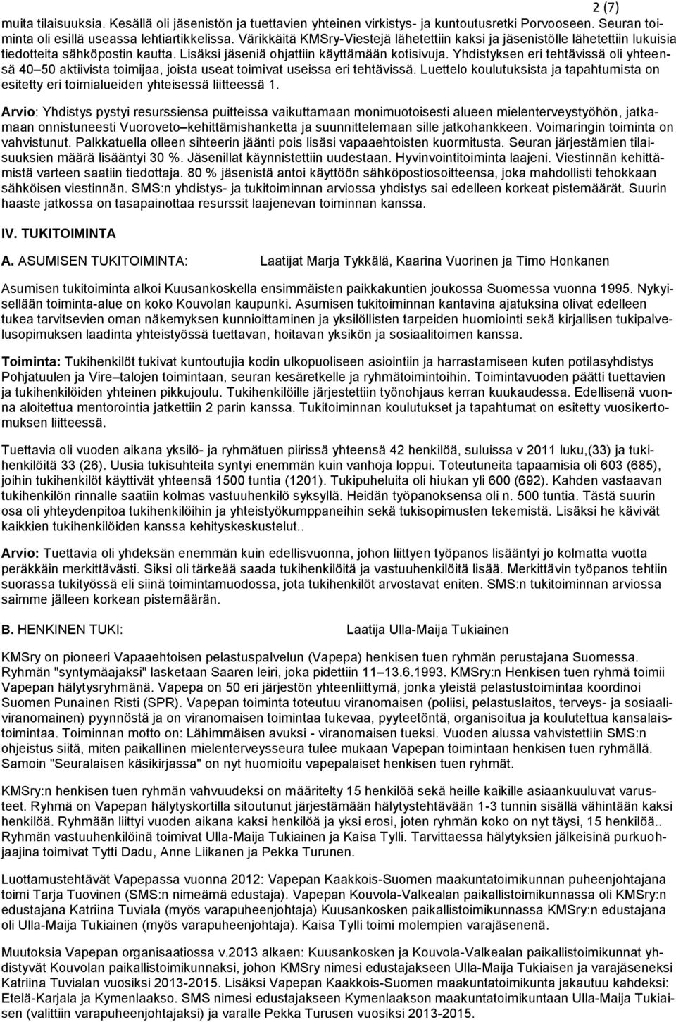 Yhdistyksen eri tehtävissä oli yhteensä 40 50 aktiivista toimijaa, joista useat toimivat useissa eri tehtävissä.