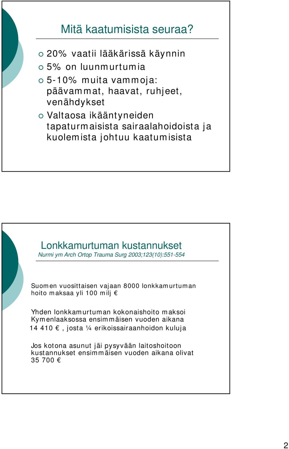 sairaalahoidoista ja kuolemista johtuu kaatumisista Lonkkamurtuman kustannukset Nurmi ym Arch Ortop Trauma Surg 2003;123(10):551-554 Suomen