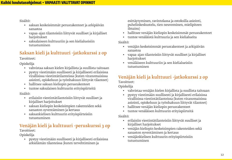 erilaisissa virallisissa viestintätilanteissa (kuten viranomaisissa asiointi, opiskeluun ja työnhakuun liittyvät tilanteet) hallitsee saksan kieliopin perusrakenteet tuntee saksalaisen kulttuurin